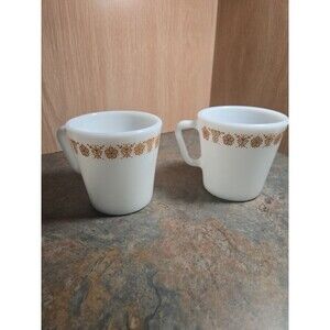 2 Pyrex Gold Butterflies Teacup Coffee Mugs Milk Glass #1410 D Handle Vintage
